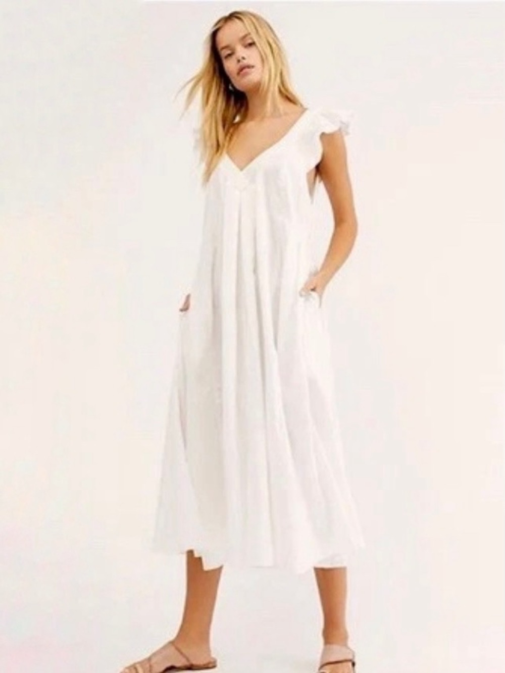 Free People Darling Days Midi Dress Cotton Linen V Neck Sundress White Small